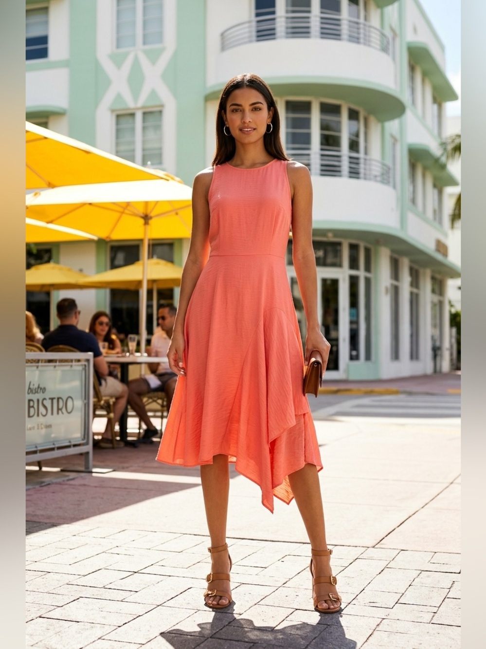 Ann Taylor NWT Coral Asymmetrical lined Dress in a Viscose/Nylon blend.